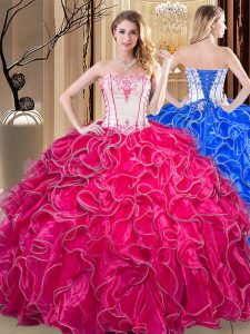Fashion Organza Strapless Sleeveless Lace Up Embroidery and Ruffles 15 Quinceanera Dress in Coral Red