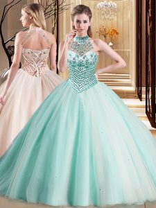 Noble Halter Top Sleeveless Tulle Quinceanera Gown Beading Brush Train Lace Up
