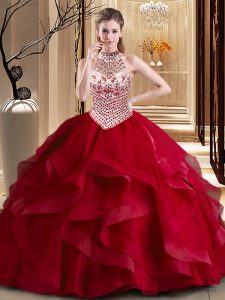 Nice Halter Top Sleeveless Tulle Quinceanera Gowns Beading and Ruffles Brush Train Lace Up