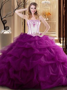 Fuchsia Strapless Neckline Embroidery and Ruffled Layers Vestidos de Quinceanera Sleeveless Lace Up