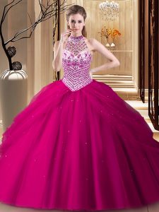 Pick Ups With Train Fuchsia Quinceanera Gowns Halter Top Sleeveless Brush Train Lace Up