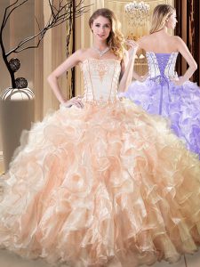 Delicate Organza Strapless Sleeveless Lace Up Embroidery and Ruffles Quinceanera Dress in Yellow