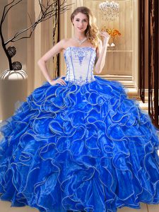 Discount Royal Blue Sleeveless Floor Length Embroidery and Ruffles Lace Up 15 Quinceanera Dress