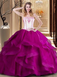 Nice Strapless Sleeveless Tulle Sweet 16 Quinceanera Dress Embroidery Lace Up