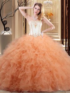 Discount Ruffled Floor Length Orange Quinceanera Gowns Strapless Sleeveless Lace Up