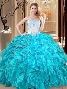 Floor Length Teal Quinceanera Gowns Strapless Sleeveless Lace Up