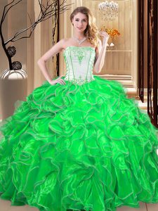 Glorious Green Sleeveless Embroidery and Ruffles Floor Length Quinceanera Dress