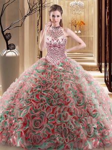 Beautiful Multi-color Halter Top Neckline Beading Quinceanera Gown Sleeveless Lace Up