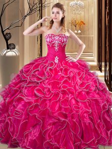 Hot Pink Sweetheart Neckline Embroidery and Ruffles 15 Quinceanera Dress Sleeveless Lace Up