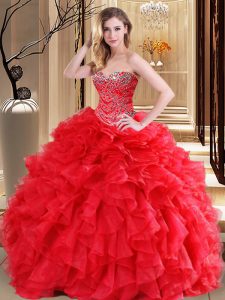 Custom Designed Red Organza Lace Up Sweetheart Sleeveless Floor Length Ball Gown Prom Dress Beading and Ruffles