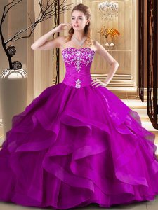 Tulle Sweetheart Sleeveless Lace Up Embroidery and Ruffles 15th Birthday Dress in Fuchsia