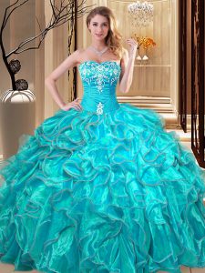 Aqua Blue Lace Up Sweet 16 Dresses Embroidery and Ruffles Sleeveless Floor Length