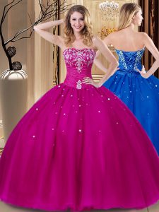 Latest Fuchsia Ball Gowns Tulle Sweetheart Sleeveless Beading and Embroidery Floor Length Lace Up Quinceanera Gown