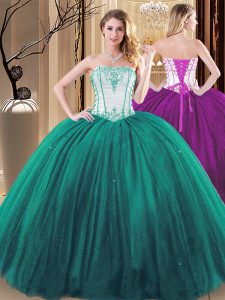 Modern Green 15th Birthday Dress Military Ball and Sweet 16 and Quinceanera and For with Embroidery Strapless Sleeveless Lace Up