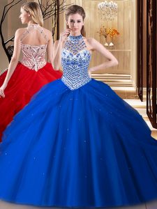 Halter Top Royal Blue Ball Gowns Beading and Pick Ups Quinceanera Gown Lace Up Tulle Sleeveless With Train