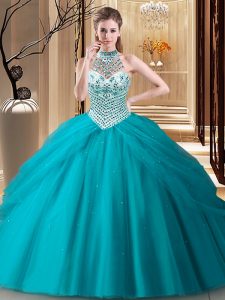 Affordable Halter Top Sleeveless Tulle Brush Train Lace Up Sweet 16 Dress in Teal with Beading and Pick Ups