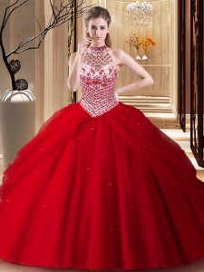 Pick Ups Brush Train Ball Gowns Vestidos de Quinceanera Red Halter Top Tulle Sleeveless With Train Lace Up