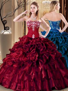 Wine Red Lace Up Sweetheart Embroidery and Ruffles Ball Gown Prom Dress Organza Sleeveless