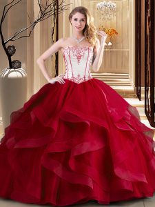 Wine Red Ball Gowns Tulle Strapless Sleeveless Embroidery Floor Length Lace Up Quinceanera Dresses