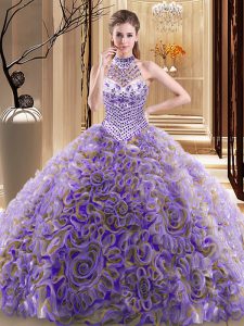 Flare Halter Top Fabric With Rolling Flowers Sleeveless With Train Ball Gown Prom Dress Brush Train and Beading