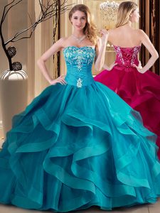 Ball Gowns Quinceanera Gowns Teal Sweetheart Tulle Sleeveless Floor Length Lace Up