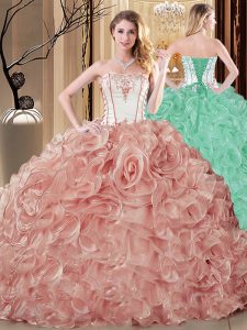 Superior Champagne Ball Gowns Embroidery and Ruffles Ball Gown Prom Dress Lace Up Organza Sleeveless Floor Length
