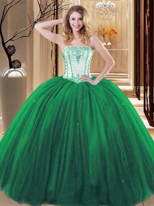 Strapless Sleeveless Lace Up Quinceanera Dress Green Tulle