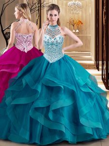 Chic Halter Top Sleeveless With Train Beading and Ruffles Lace Up Vestidos de Quinceanera with Teal Brush Train