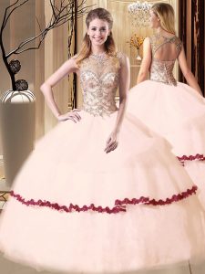Free and Easy Scoop Peach Sleeveless Beading and Appliques Floor Length Quinceanera Gown