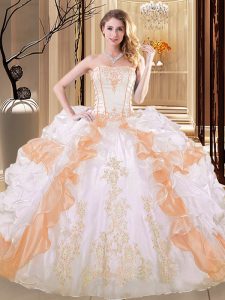 Perfect White and Yellow Quinceanera Dress Military Ball and Sweet 16 and Quinceanera and For with Embroidery and Ruffled Layers Strapless Sleeveless Lace Up