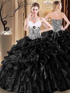 Enchanting Black Organza Lace Up Sweet 16 Quinceanera Dress Sleeveless Floor Length Ruffles and Pattern