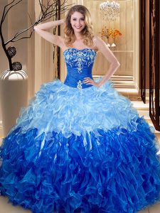 Multi-color and Blue And White Lace Up Sweetheart Embroidery and Ruffles Sweet 16 Quinceanera Dress Organza Sleeveless