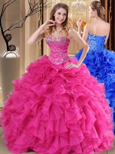 Hot Pink Organza Lace Up Quinceanera Dresses Sleeveless Floor Length Beading and Ruffles