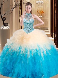 Admirable Halter Top Sleeveless Quinceanera Gowns Floor Length Beading and Ruffles Multi-color Tulle