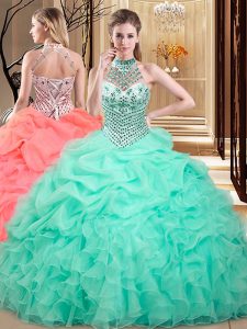 Halter Top Floor Length Apple Green Quince Ball Gowns Organza Sleeveless Beading and Ruffles and Pick Ups