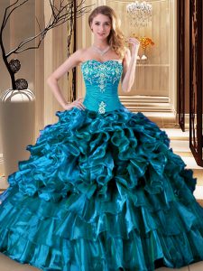 Nice Embroidery and Ruffles Ball Gown Prom Dress Teal Lace Up Sleeveless Floor Length