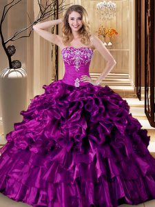 Fantastic Sleeveless Organza Floor Length Lace Up Ball Gown Prom Dress in Purple with Embroidery and Ruffles
