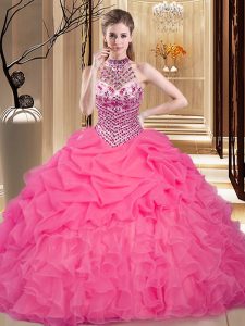 Fashionable Halter Top Sleeveless Lace Up Floor Length Beading and Ruffles and Pick Ups Quince Ball Gowns