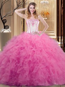 Best Selling Rose Pink Tulle Lace Up Strapless Sleeveless Floor Length Quinceanera Dress Embroidery