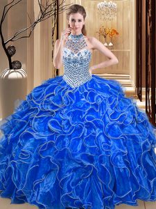 Comfortable Royal Blue Ball Gowns Halter Top Sleeveless Organza Floor Length Lace Up Beading and Ruffles Sweet 16 Quinceanera Dress