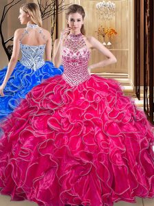Artistic Halter Top Organza Sleeveless Floor Length Ball Gown Prom Dress and Beading and Ruffles