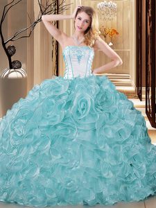 Sleeveless Organza Floor Length Lace Up Quinceanera Dress in Blue And White with Embroidery and Ruffles