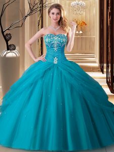 High End Sleeveless Tulle Floor Length Lace Up Quinceanera Gown in Teal with Embroidery