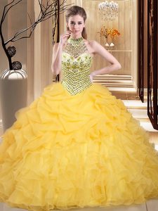 Pick Ups Halter Top Sleeveless Lace Up 15 Quinceanera Dress Yellow Organza