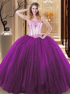 Suitable White And Purple Lace Up Strapless Embroidery Sweet 16 Dresses Tulle and Sequined Sleeveless