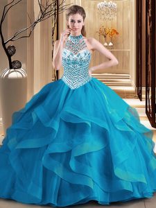 Amazing Halter Top Sleeveless Tulle Vestidos de Quinceanera Beading and Ruffles Brush Train Lace Up