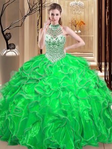 Elegant Halter Top Beading and Ruffles 15th Birthday Dress Lace Up Sleeveless Floor Length