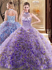 Multi-color Ball Gowns Halter Top Sleeveless Fabric With Rolling Flowers With Brush Train Lace Up Beading Vestidos de Quinceanera
