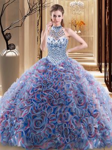 Amazing Halter Top Multi-color Lace Up Quinceanera Dress Beading Sleeveless With Brush Train