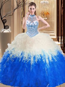 Fancy Blue And White Lace Up Halter Top Beading and Ruffles Sweet 16 Dress Tulle Sleeveless